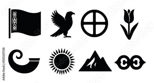 Kazakh symbols silhouette icons set – traditional, cultural heritage design elements