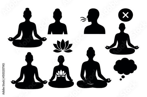 Zen meditation icons set – silhouette style with mindfulness and relaxation symbols