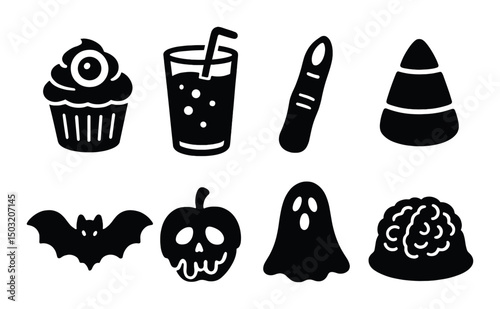 Spooky treats silhouette icons set – halloween, candy and dessert symbols collection