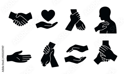 Helping hands silhouette icons set – support, aid and care symbols