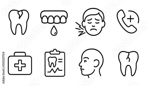Emergency dentistry outline icons set – dental care, urgent oral health symbols
