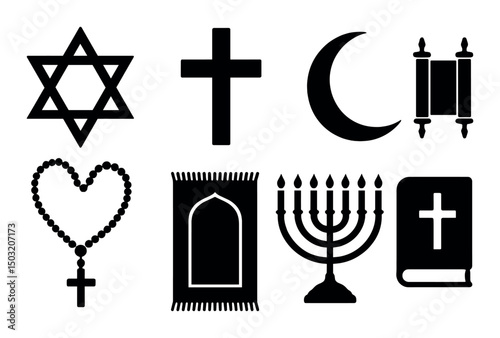Religious symbols icons set in silhouette – spiritual, sacred and faith imagery