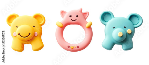 Set of baby teethers - colorful silicone teethers in fun shapes like animals and rings on a white background