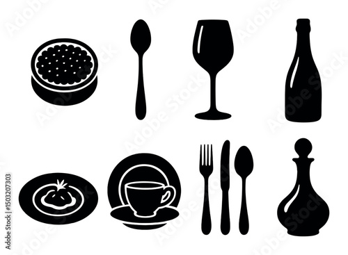 Elegant dining silhouette icons set – simple, kitchenware and tableware symbols