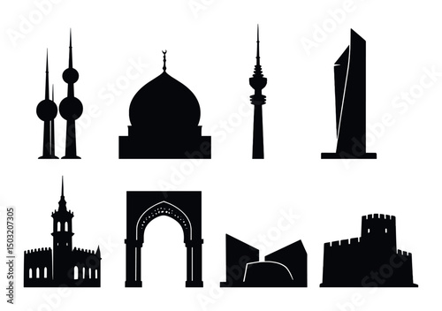 Kuwait landmarks silhouette icons set – simple, architectural and cultural symbols