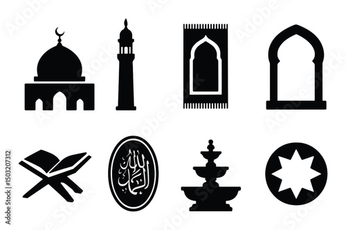 Kuwaiti mosque silhouette icons set – simple, islamic and cultural symbols collection