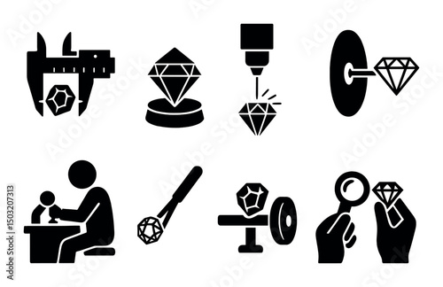 Diamond cutting silhouette icons set – simple jewelry crafting and gemstone design