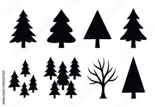 Tree silhouette icons set – nature, forest and plant shadow symbols