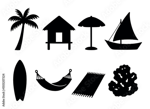Beach and ocean silhouette icons set – coastal, seaside and maritime symbols