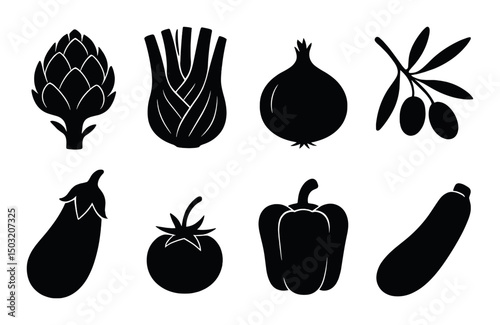 Mediterranean vegetable icons set – silhouette, simple, cooking and kitchen symbols