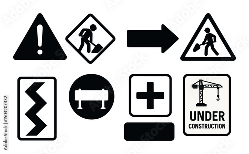 Construction sign silhouette icons set – warning, caution and traffic symbols