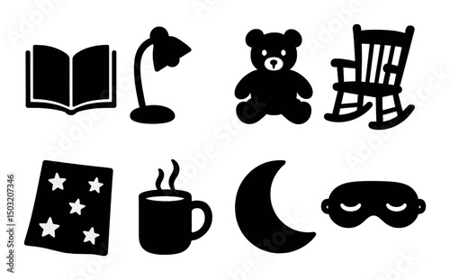 Storytime silhouette icons set – bedtime, simple and cozy symbols for storytelling