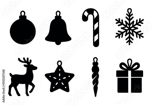 Christmas ornaments silhouette icons set – festive, holiday, decoration symbols photo