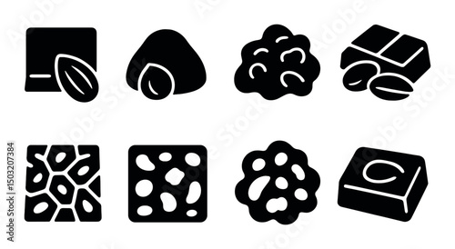 Nutty chocolate silhouette icons set – simple shapes, dark sweets delicacies