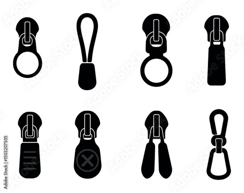 Zipper pulls silhouette icons set – closure, fastener designs for accessories
