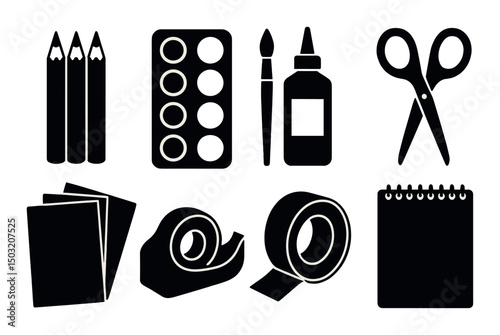 Art supplies icons set – silhouette style, simple artistic tool design elements