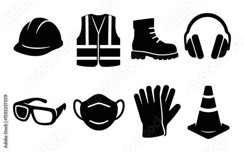 Safety equipment silhouette icons set – protective gear, safety symbols, ppe essentials
