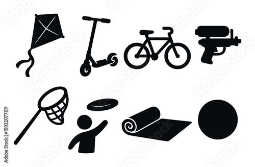 Outdoor adventure silhouette icons set – camping, recreation, and activity symbols