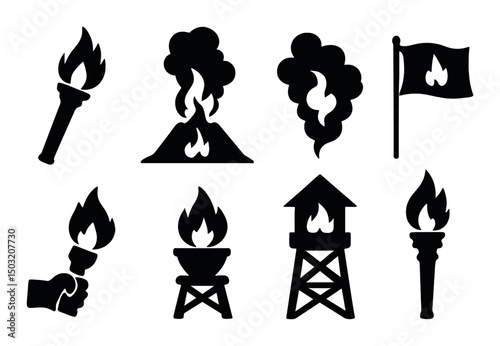 Fire signal silhouette icons set – emergency, alert, warning symbols