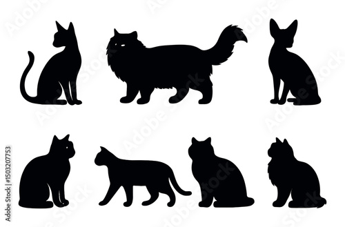 Cat breeds silhouette icons set – simple feline shapes, pet design elements