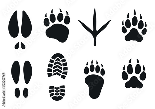 Wildlife footprint icons set – silhouette, animal track and print symbols
