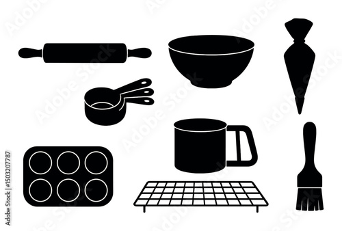 Baking tools silhouette icons set – kitchen essentials and cooking utensils symbols