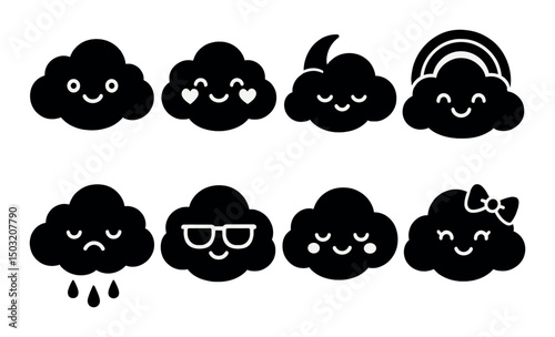 Cartoon cloud silhouette icons set – playful, fun weather and mood symbols