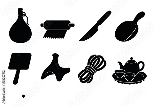 Traditional kazakh tools silhouette icons set – simple, cultural and historic symbols