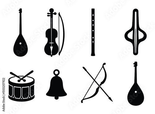 Kazakh musical instruments icons set - silhouette, traditional, cultural symbols