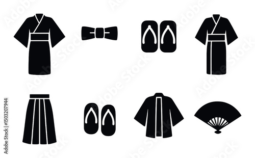 Japanese clothing silhouette icons set – traditional, cultural and attire symbols
