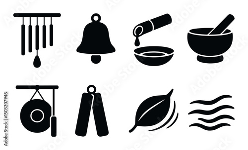 Zen sound silhouette icons set – simple meditation, relaxation and harmony symbols