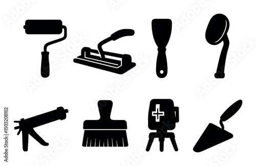 Interior tools silhouette icons set – building, repair, construction symbols