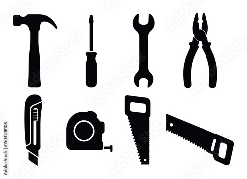 Tool silhouette icons set – simple, compose, essential toolkit symbols