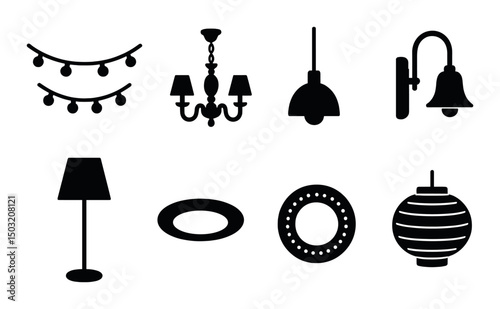 Lighting silhouette icons set – lamps, chandeliers, and lantern symbols