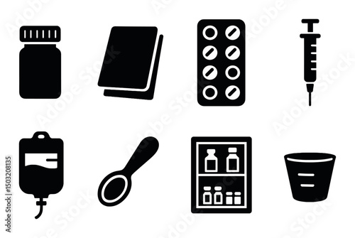 Pharmacy silhouette icons set – medicine, healthcare, drugstore symbol collection