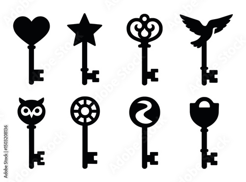 Symbolic key icons set – silhouette, mysterious, keyhole collection for graphic design