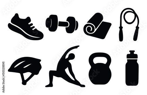 Fitness silhouette icons set – simple workout, exercise, and gym symbols