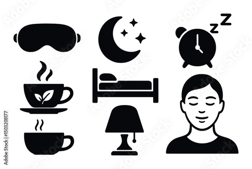 Sleep essentials silhouette icons set – bedtime, relaxation, night symbols