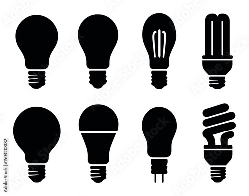 Light bulb icons set – silhouette, lamp and simple energy efficiency graphics