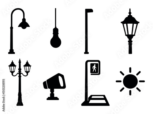 Urban light silhouette icons set – streetlights, night scene, illumination elements