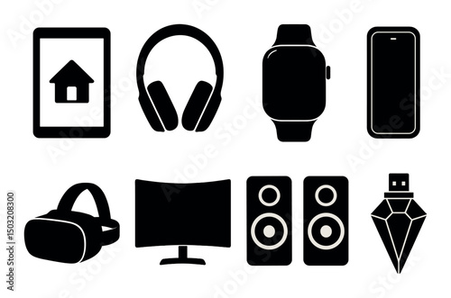 Luxury tech icons set - silhouette, gadgets and devices for modern design projects