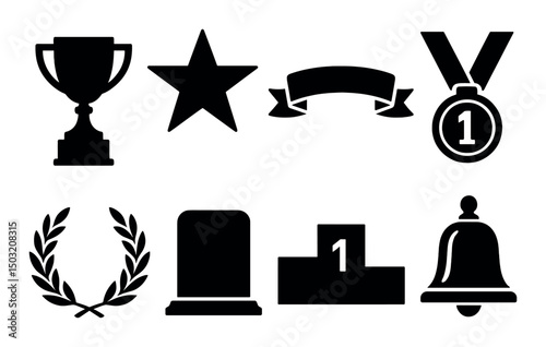 Award and recognition silhouette icons set – simple, gold accolades and trophy symbols