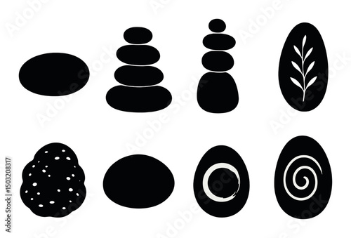 Zen stone silhouette icons set – minimalist, meditation, wellness design elements