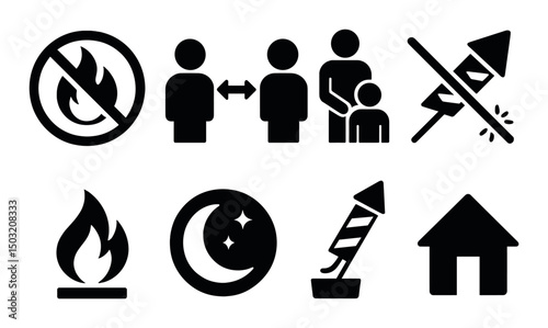 Firework safety silhouette icons set – caution, protection and hazard prevention tools