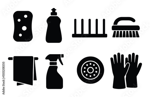 Cleaning icons set – silhouette, tidy, household cleaning tools and supplies graphics