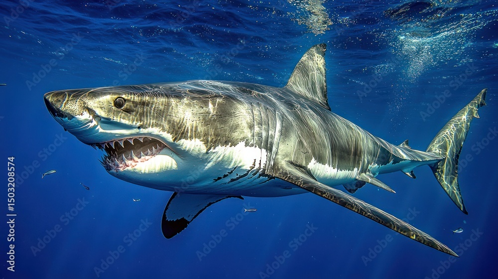 Fototapeta premium Great white shark in deep blue ocean