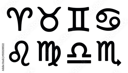 Zodiac symbol icons set – silhouette, astrological and horoscope sign designs