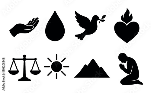 Beatitudes silhouette icons set – simple, spiritual and inspirational symbols