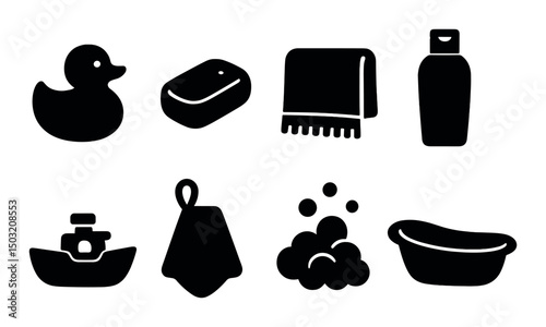 Bath time silhouette icons set – simple bathroom and hygiene symbol collection