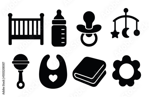 Nursery icons set in silhouette style – baby, infant, childcare symbols collection